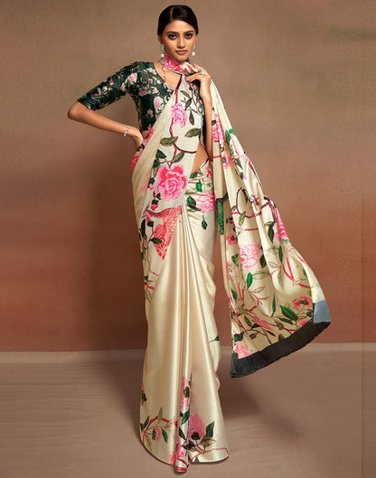 Beige & Multicolour Printed Silk Saree