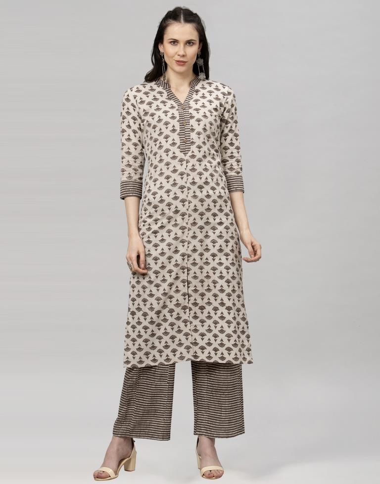 Beige Printed Kurta Palazzo Set | Leemboodi