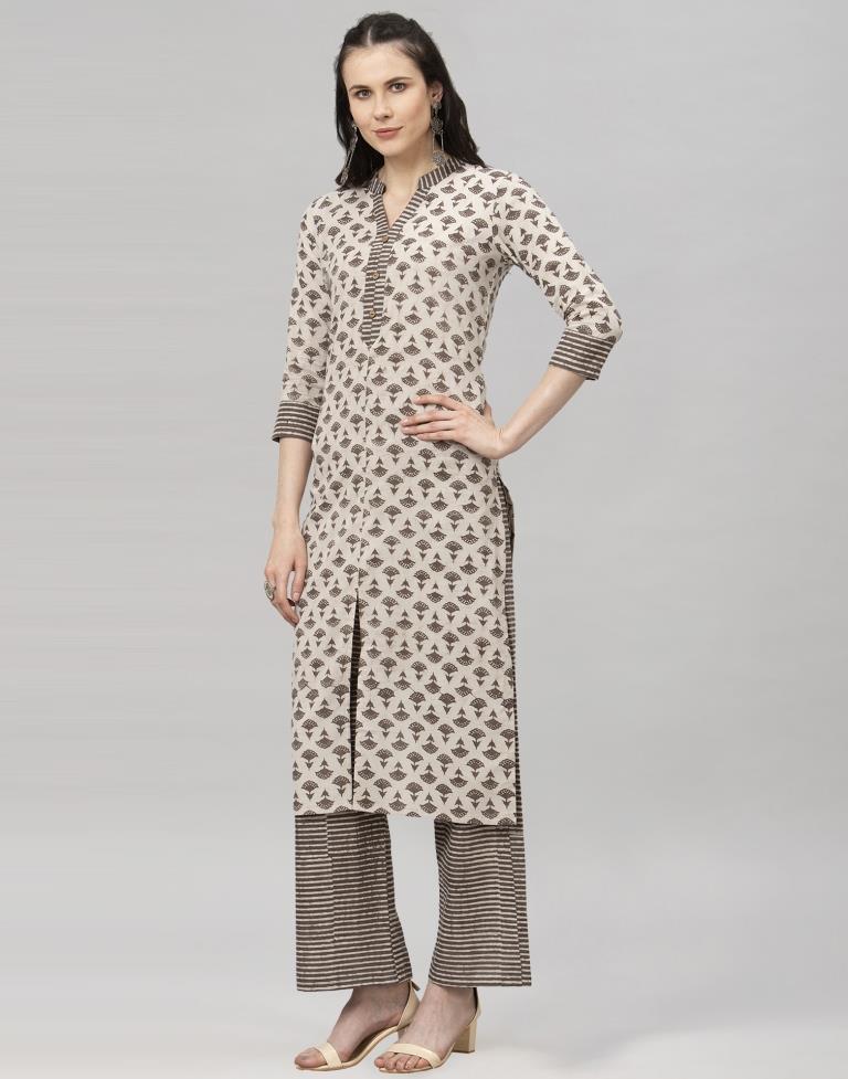 Beige Printed Kurta Palazzo Set | Leemboodi