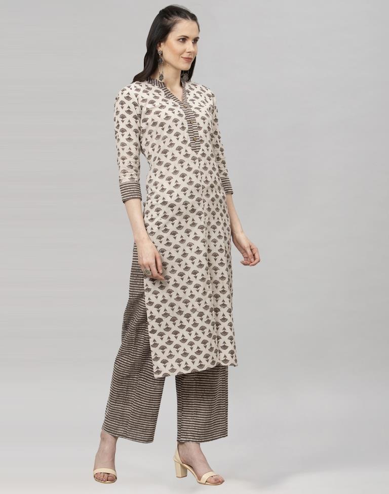 Beige Printed Kurta Palazzo Set | Leemboodi