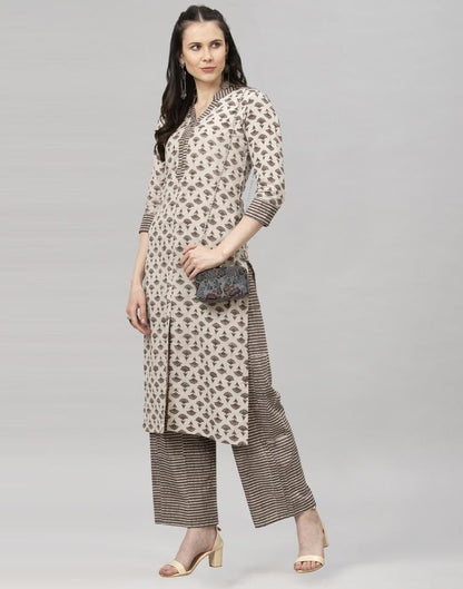 Beige Printed Kurta Palazzo Set | Leemboodi