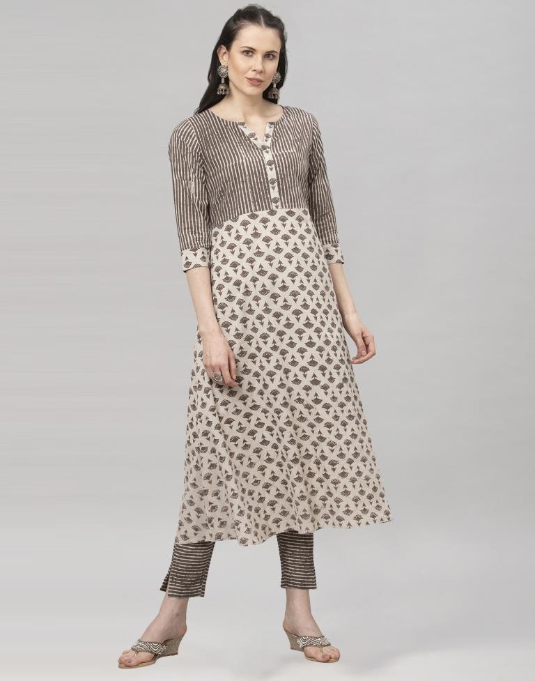 Beige Coloured Cotton Printed Kurti With Palazzo | Leemboodi