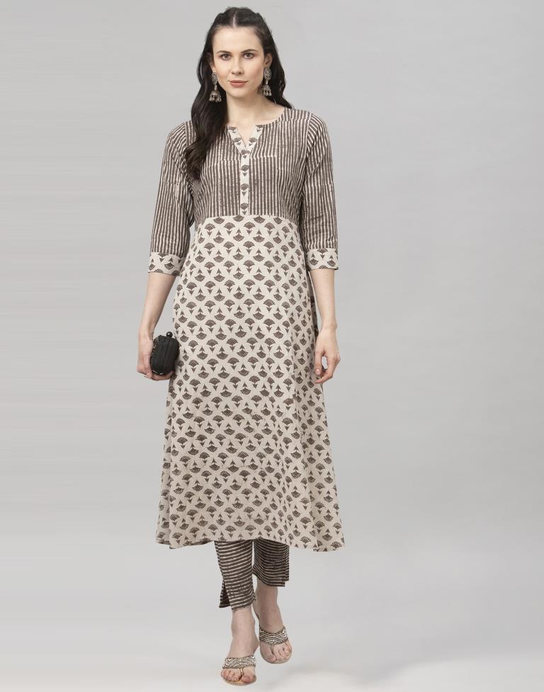 Beige Coloured Cotton Printed Kurti With Palazzo | Leemboodi