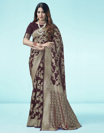 Brown Floral Banarasi Silk Saree