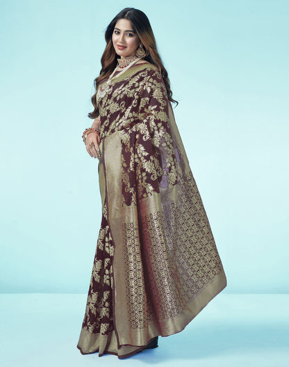 Brown Floral Banarasi Silk Saree