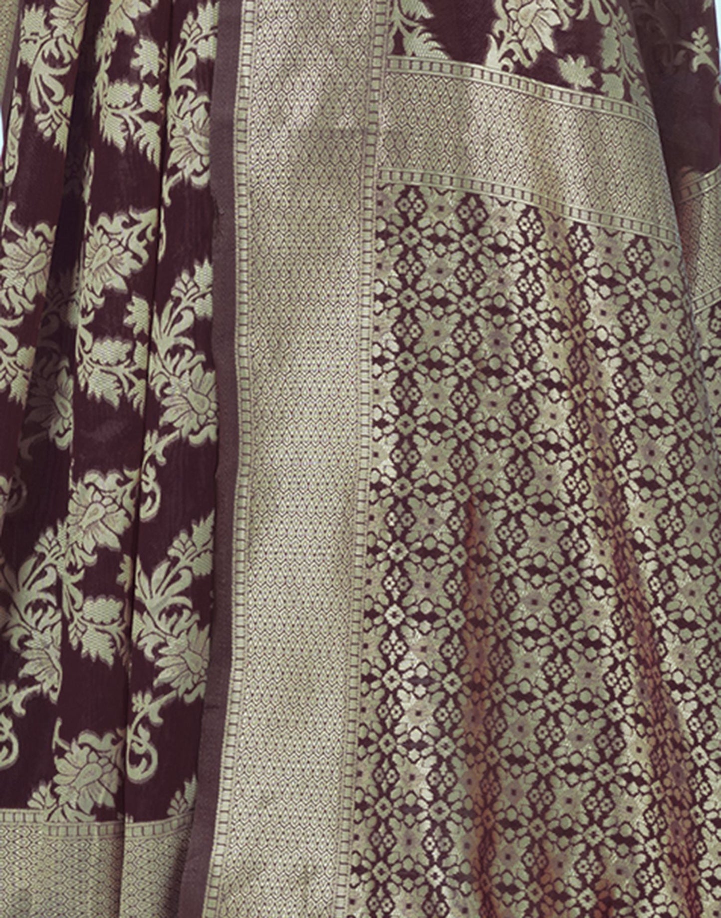 Brown Floral Banarasi Silk Saree