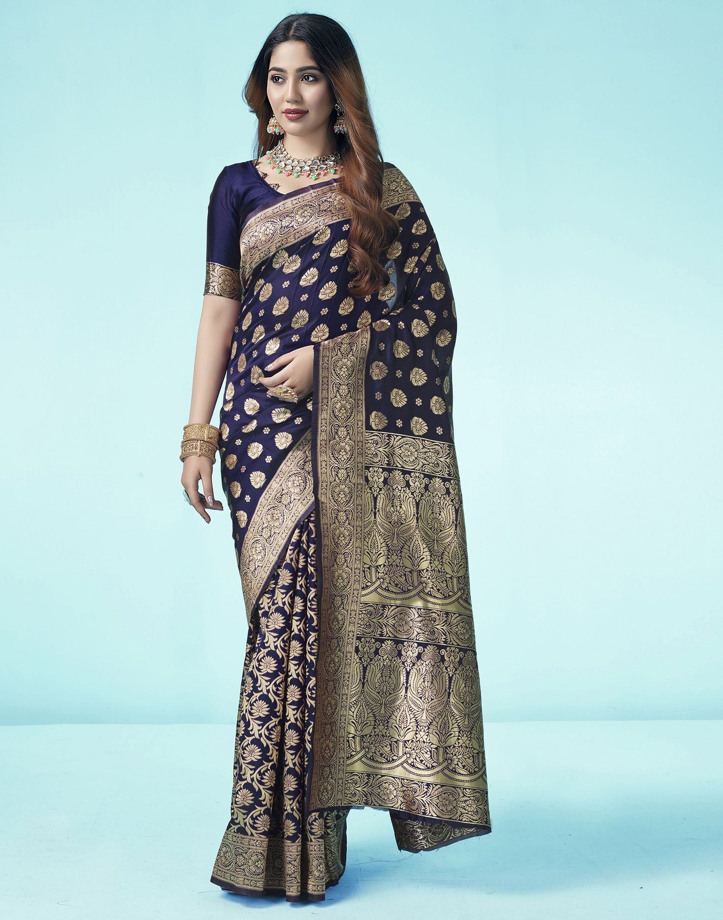 Navy Blue Jacquard Silk Saree