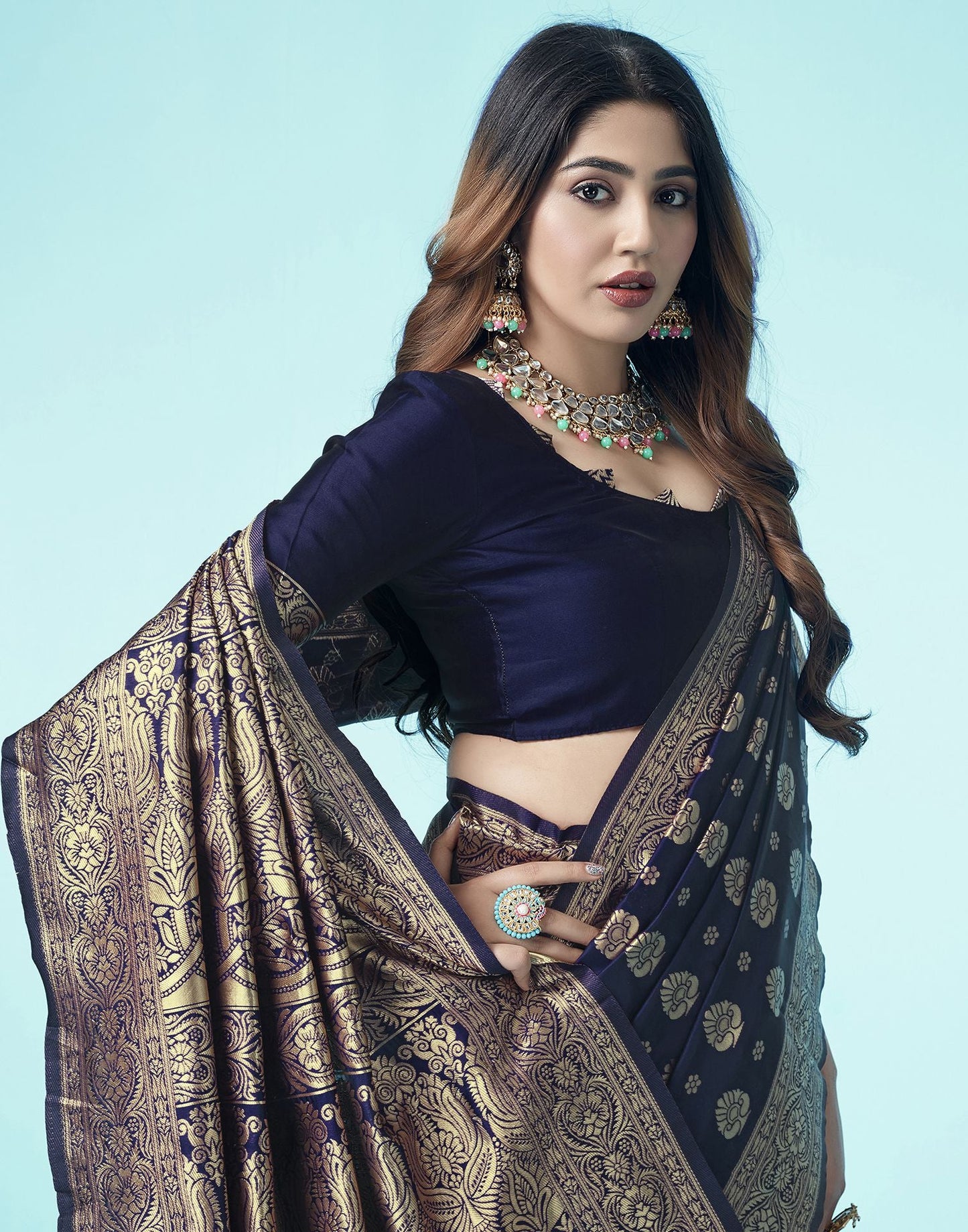 Navy Blue Jacquard Silk Saree