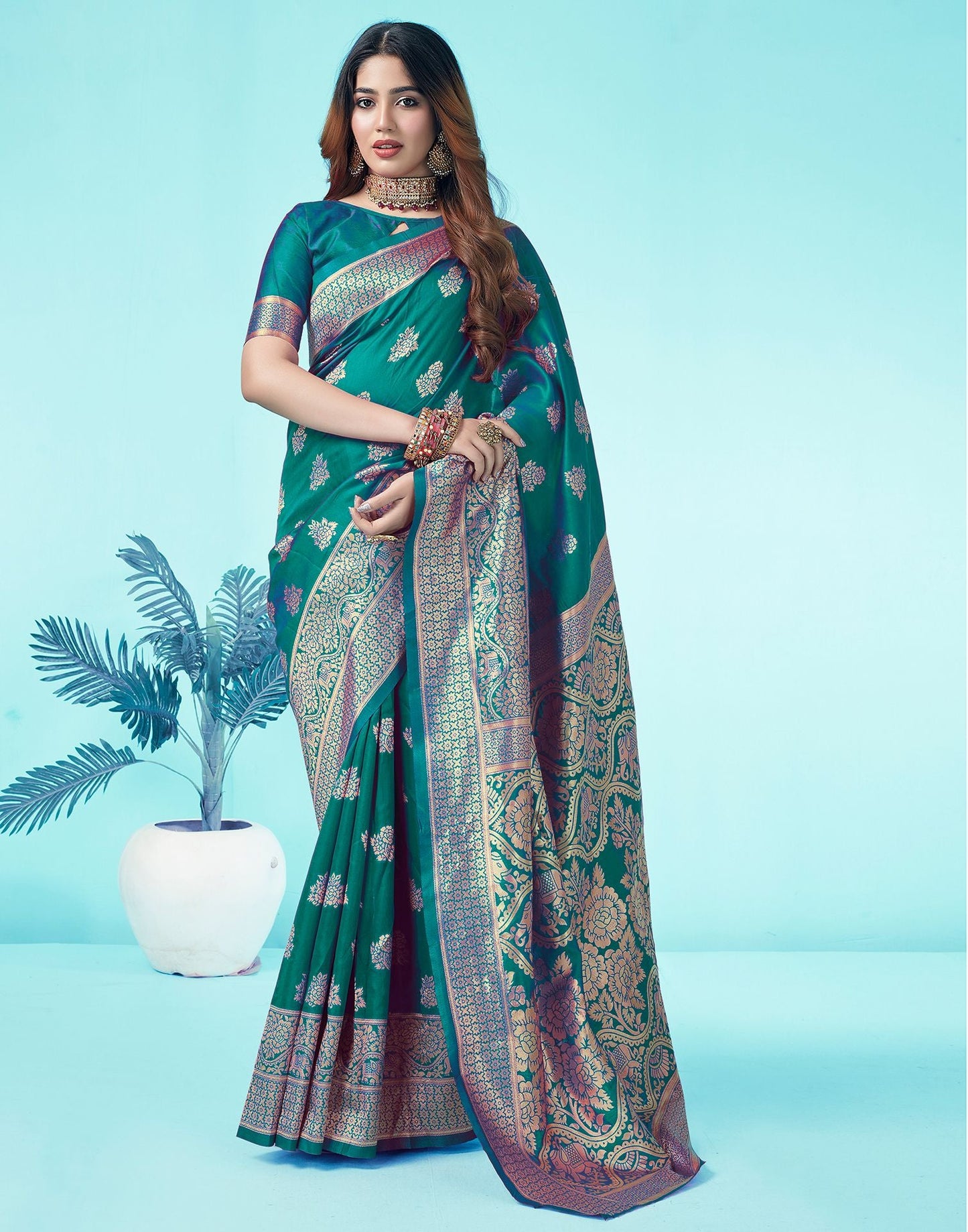 Rama Green Jacquard Silk Saree