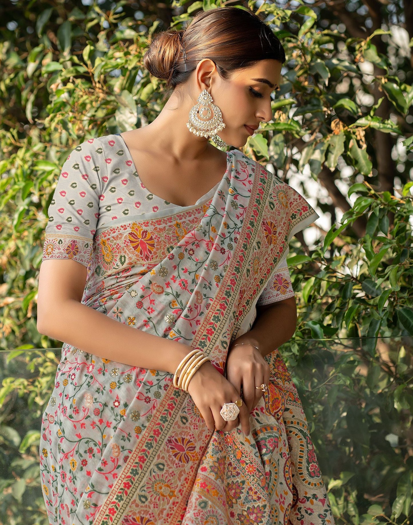 Light Cream Jacquard Cotton Saree