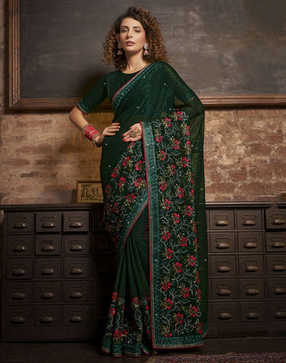 Dark Green Plain Chiffon Saree