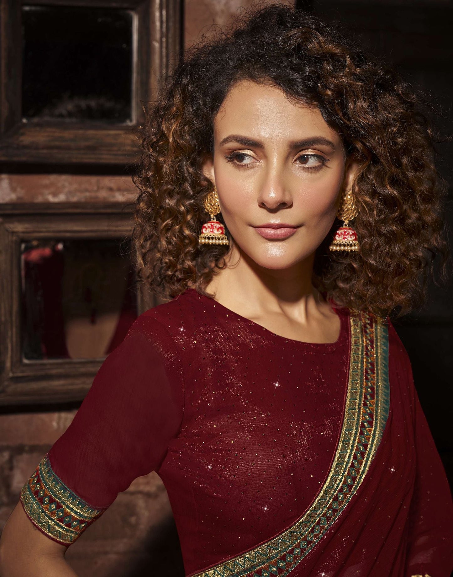 Maroon Plain Chiffon Saree
