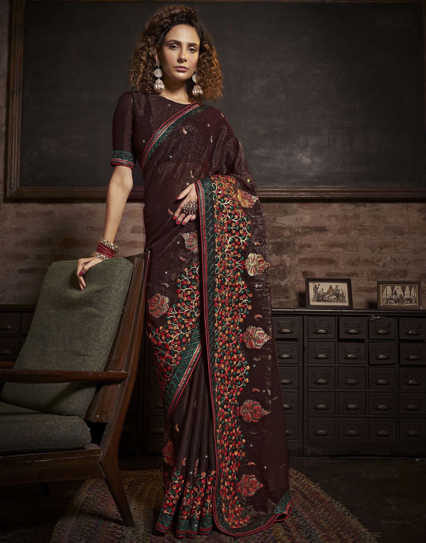 Mahendi Brown Plain Chiffon Saree