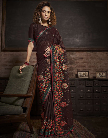 Mahendi Brown Plain Chiffon Saree