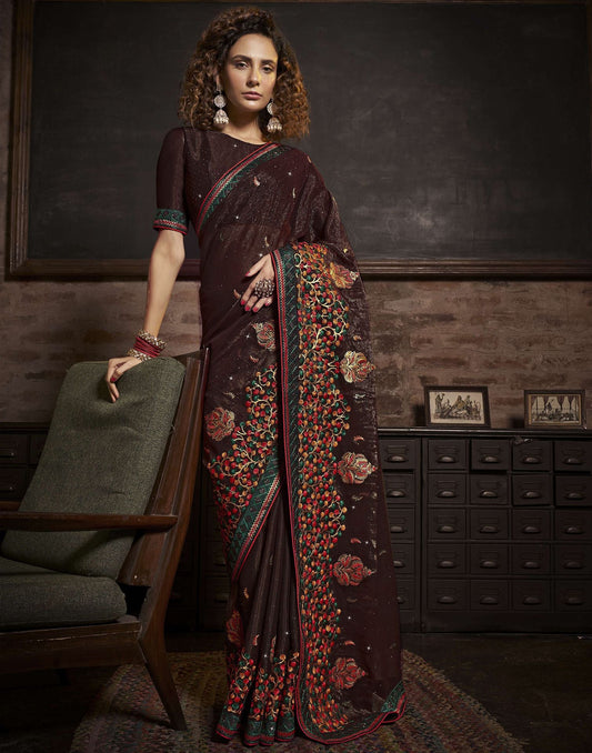 Mahendi Brown Plain Chiffon Saree