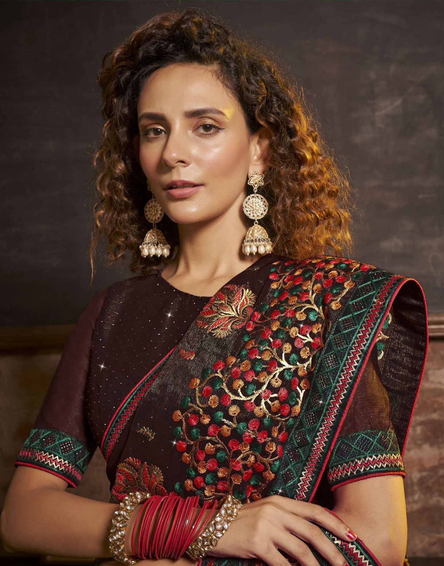 Mahendi Brown Plain Chiffon Saree