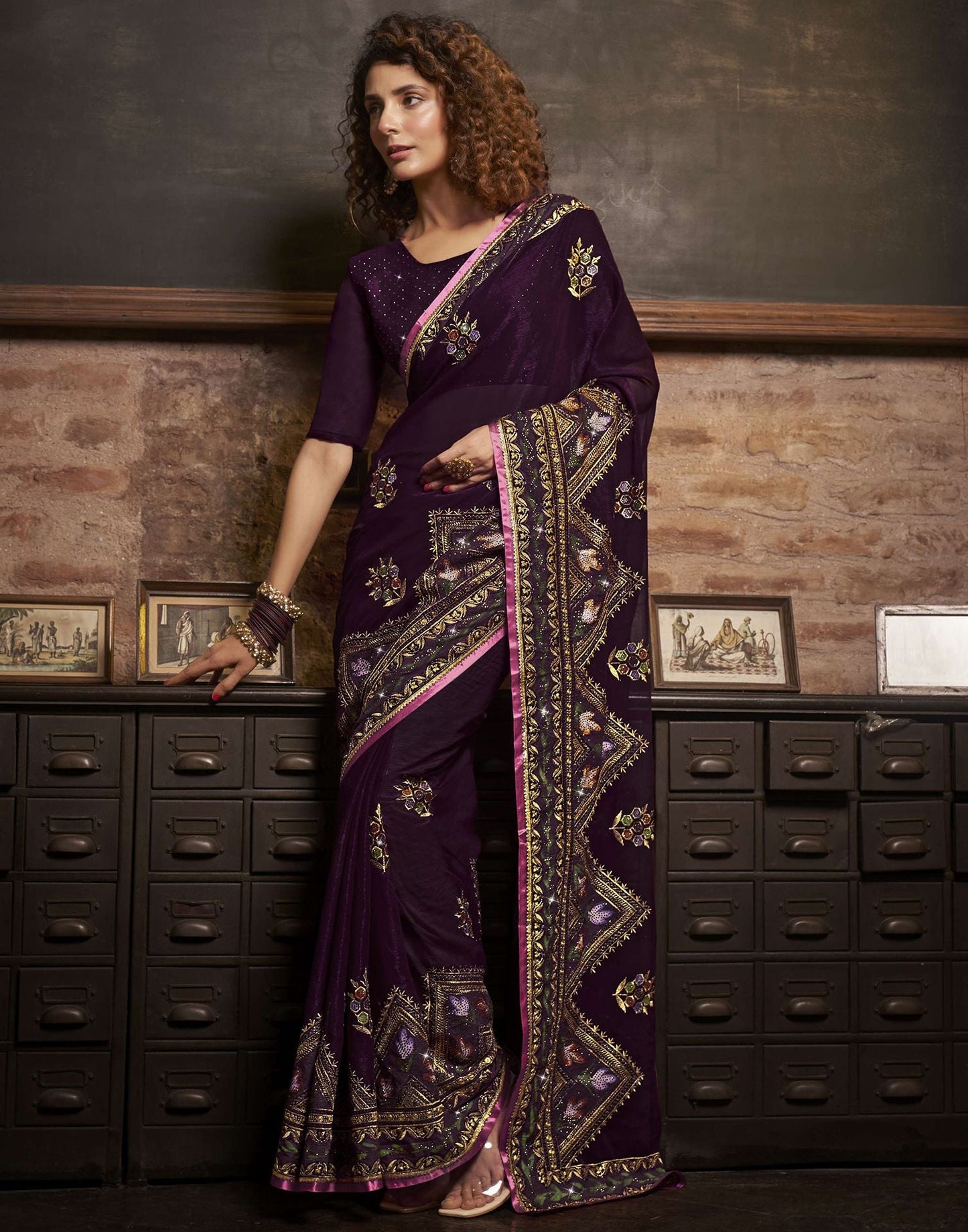 Wine Plain Chiffon Saree