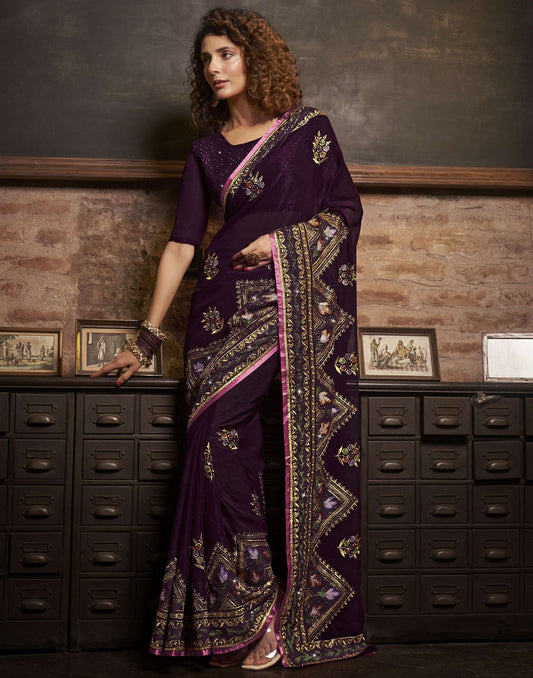 Wine Plain Chiffon Saree