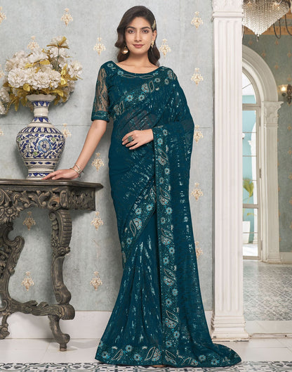Dark Teal Plain Georgette Saree