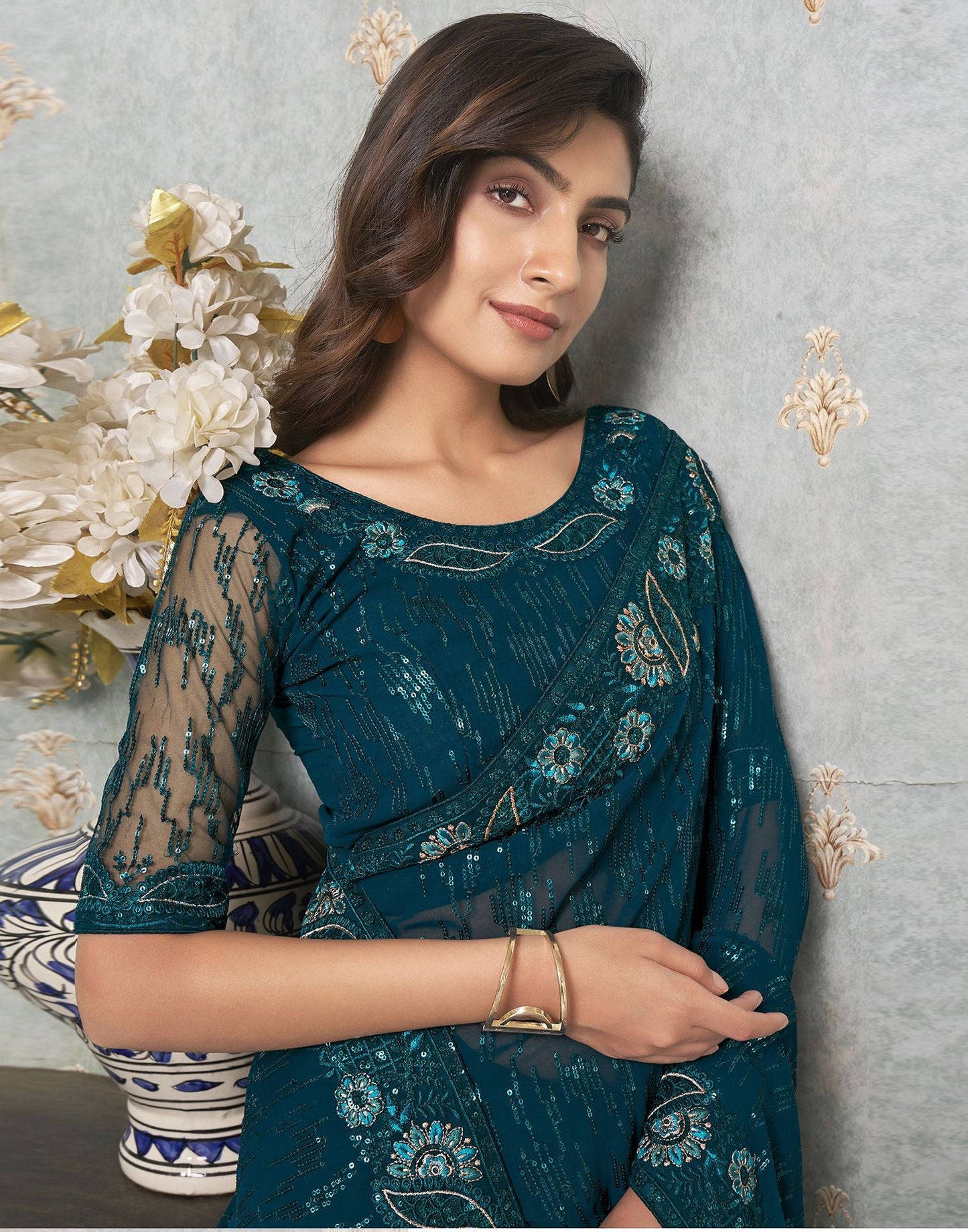 Dark Teal Plain Georgette Saree