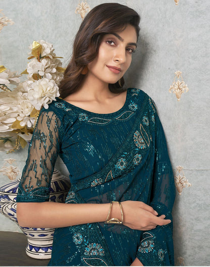 Dark Teal Plain Georgette Saree