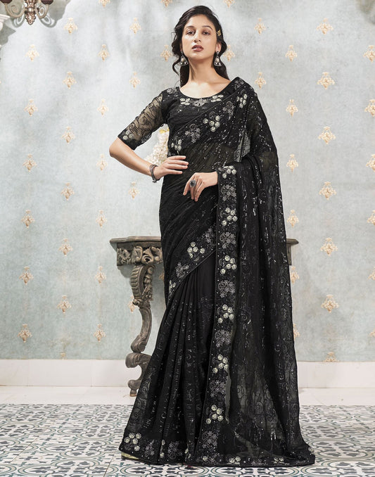 Black Plain Georgette Saree