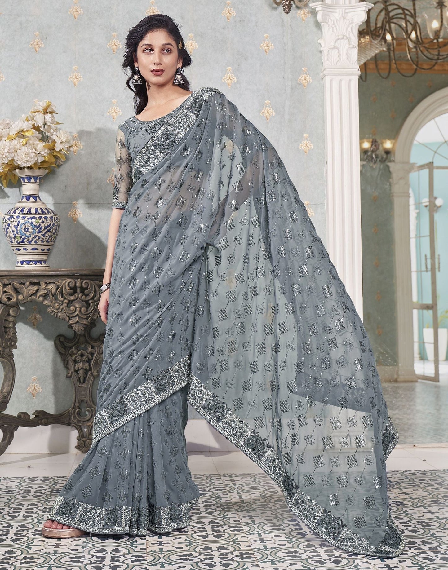 Grey Plain Georgette Saree