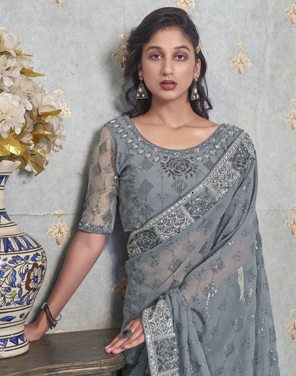 Grey Plain Georgette Saree