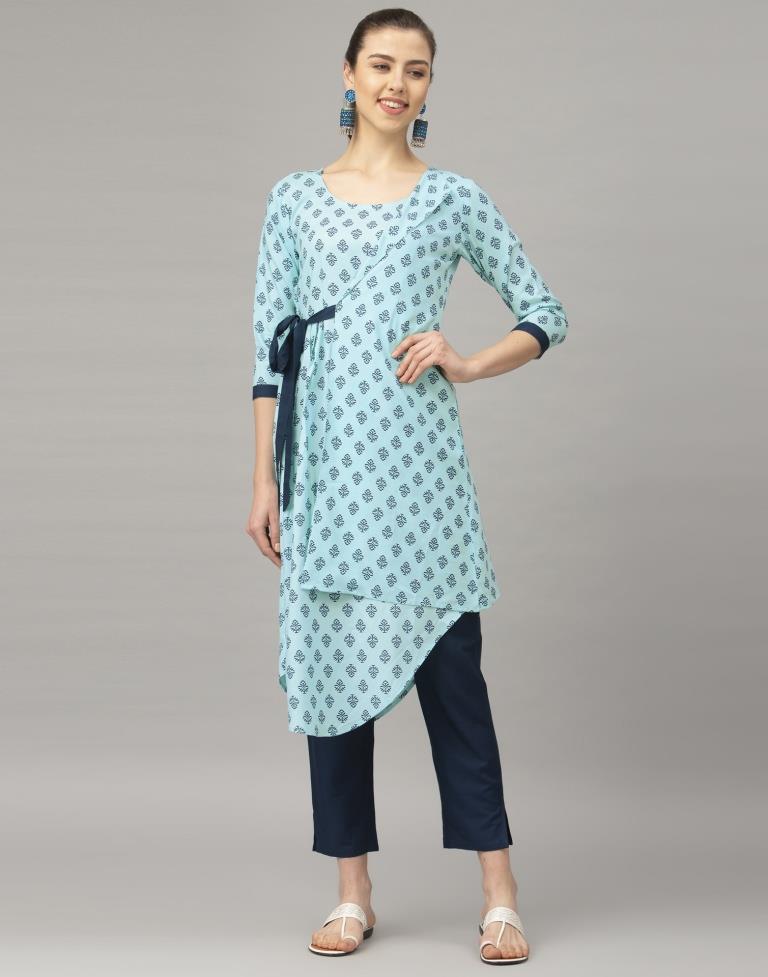 Attractive Sky Blue Coloured Printed Rayon Kurti | Leemboodi