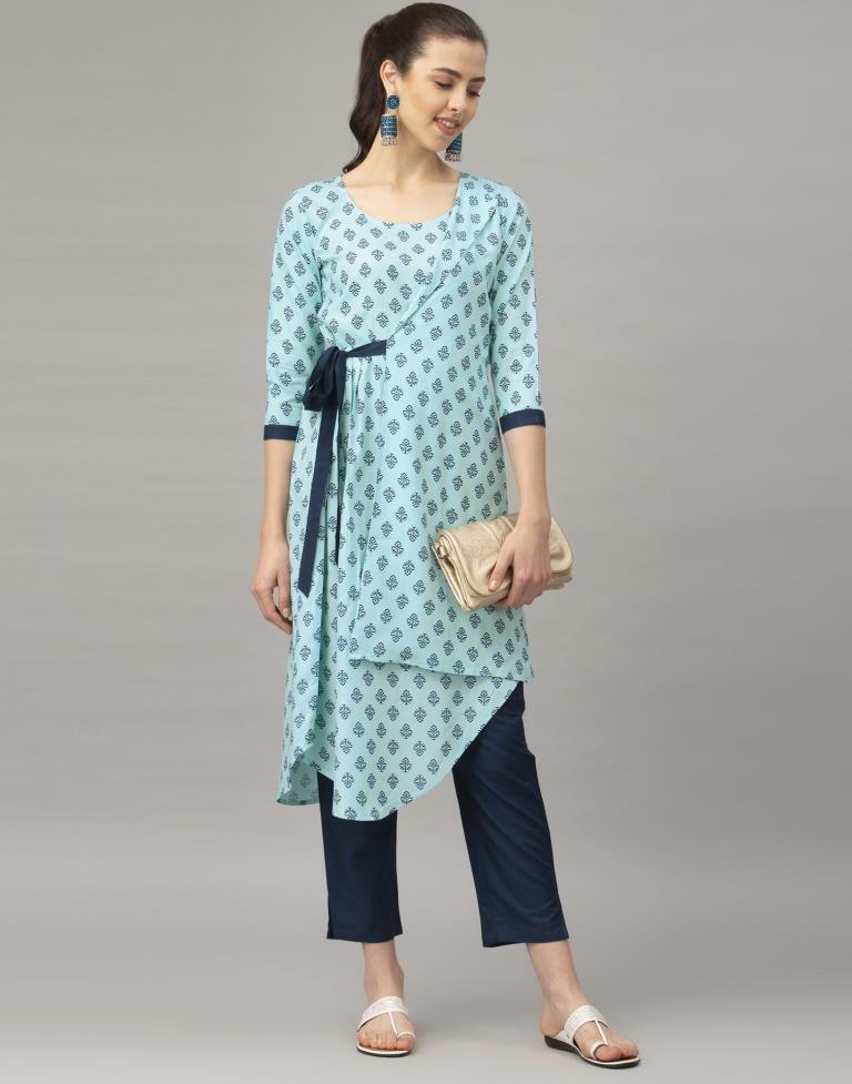 Attractive Sky Blue Coloured Printed Rayon Kurti | Leemboodi