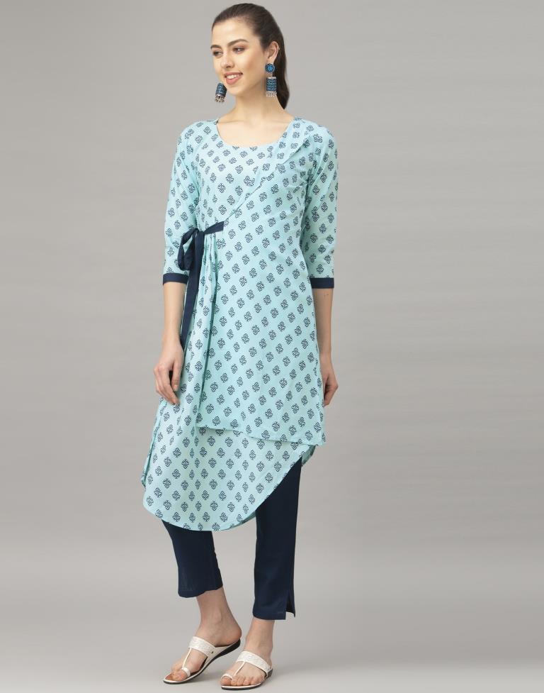 Sky Blue Coloured Rayon Printed Kurti With Palazzo | Leemboodi