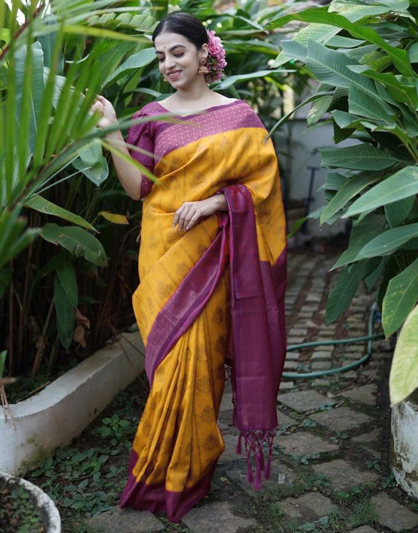 Yellow & Rani pink Jacquard Silk Saree