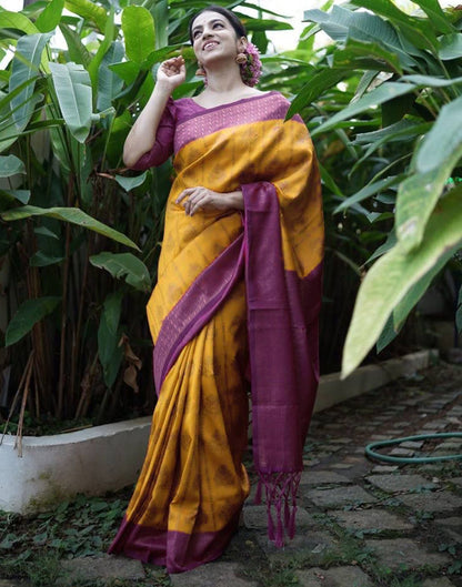 Yellow & Rani pink Jacquard Silk Saree