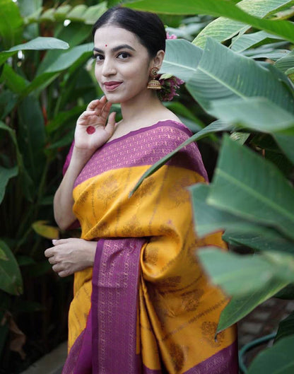 Yellow & Rani pink Jacquard Silk Saree