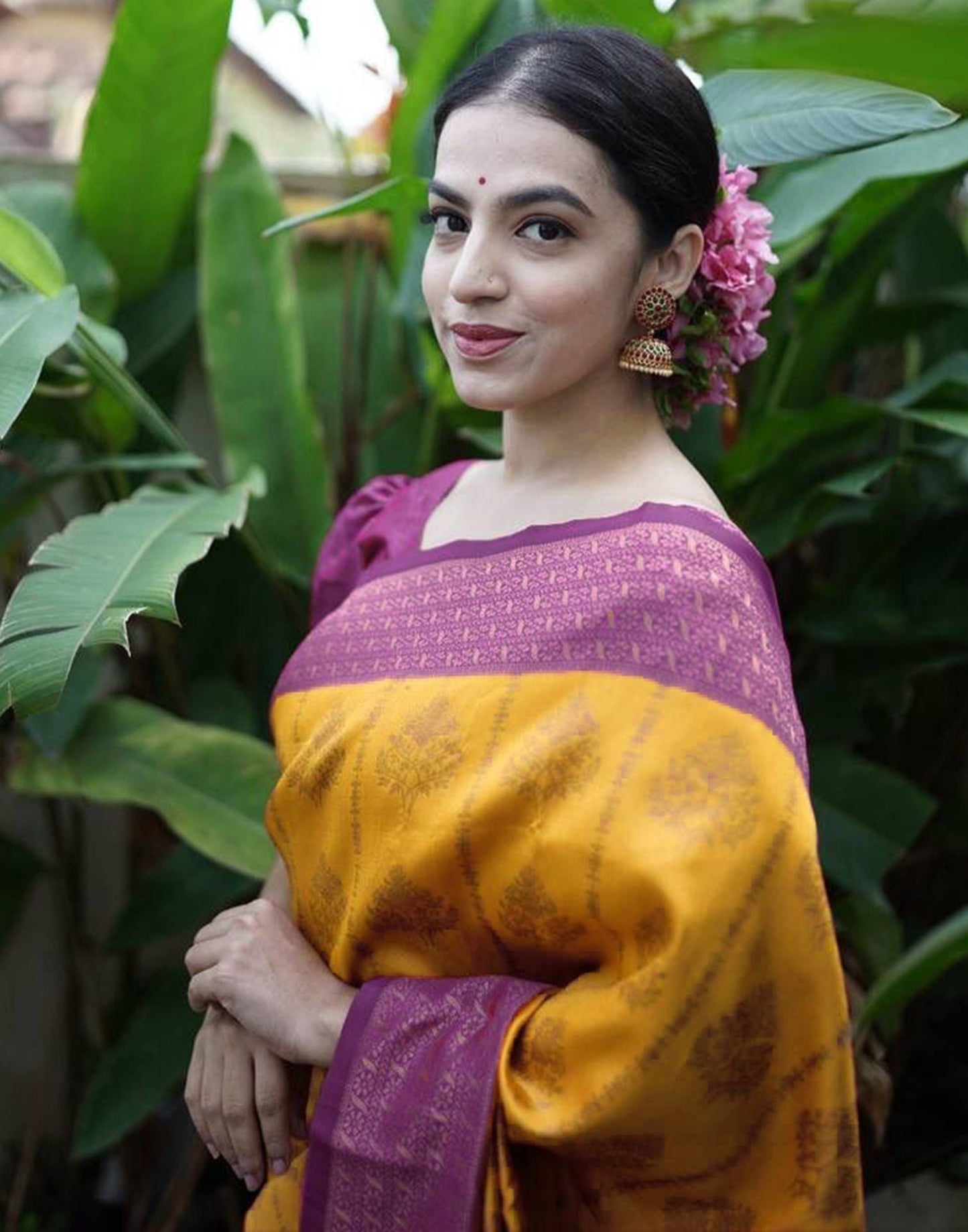 Yellow & Rani pink Jacquard Silk Saree