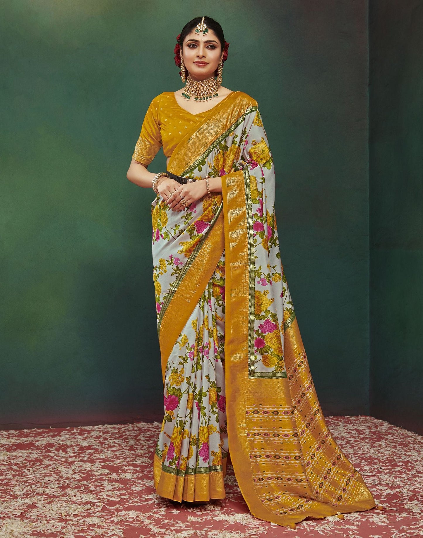 Yellow Printed Silk Saree