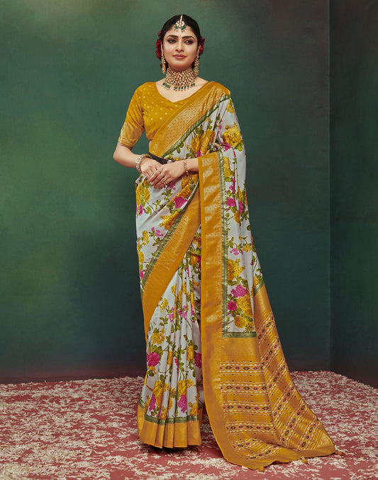 Yellow Printed Silk Saree