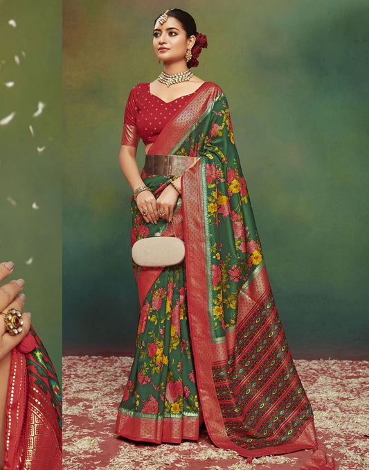 Green Printed Silk Saree