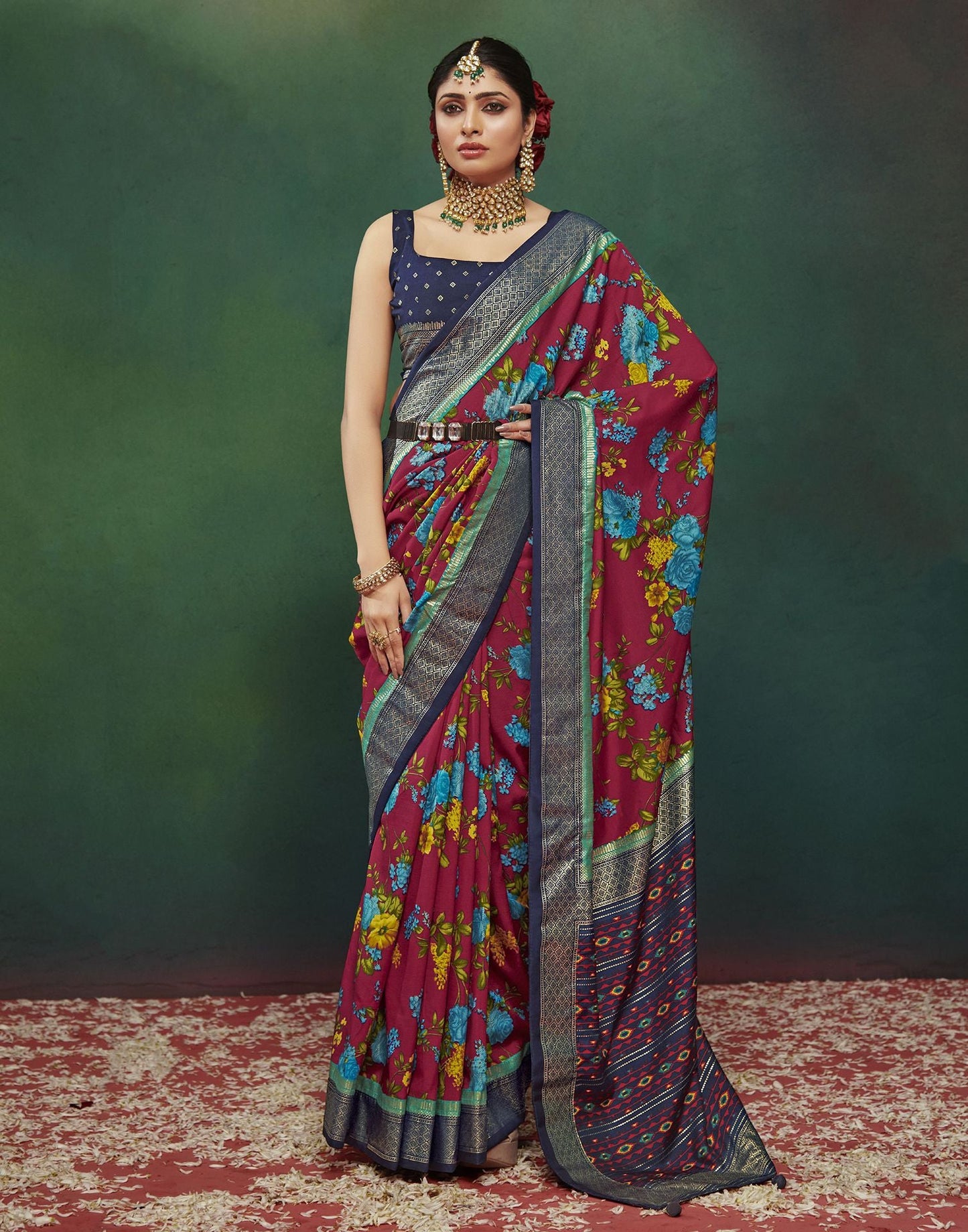 Navy Blue Printed Silk Saree
