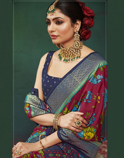 Navy Blue Printed Silk Saree