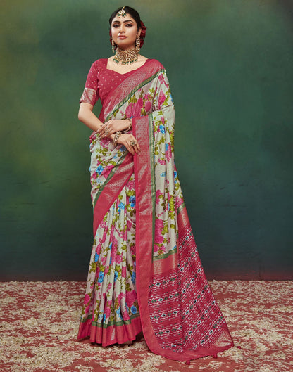 Light Grey & Multicoloured Printed Silk Saree