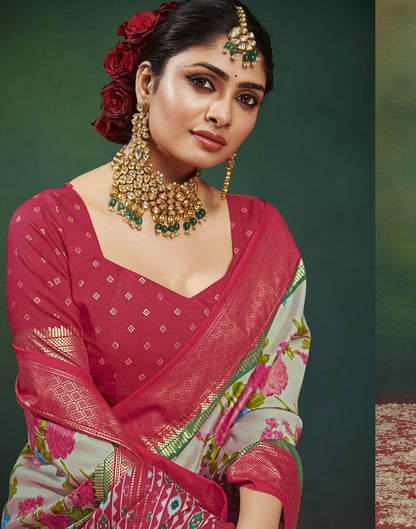 Light Grey & Multicoloured Printed Silk Saree