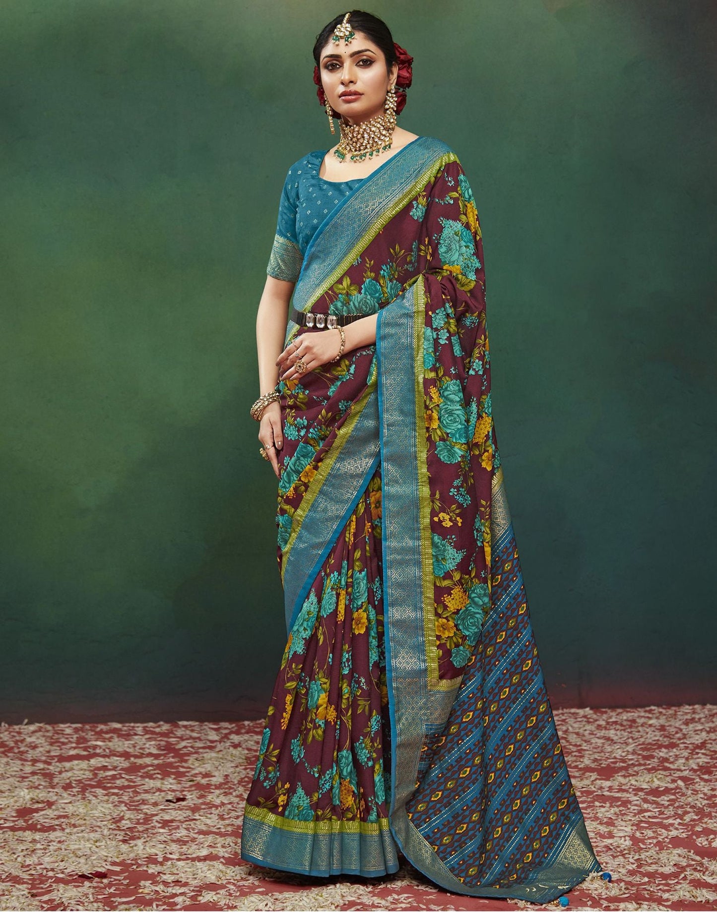 Teal Printed Silk Saree