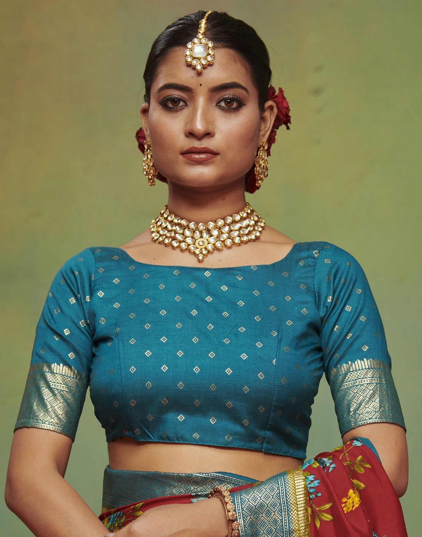 Teal Printed Silk Saree