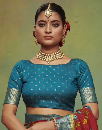 Teal Printed Silk Saree