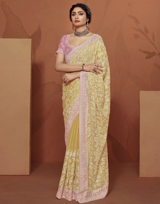 Light Yellow Plain Chiffon Saree