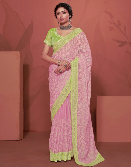 Light Pink Plain Chiffon Saree