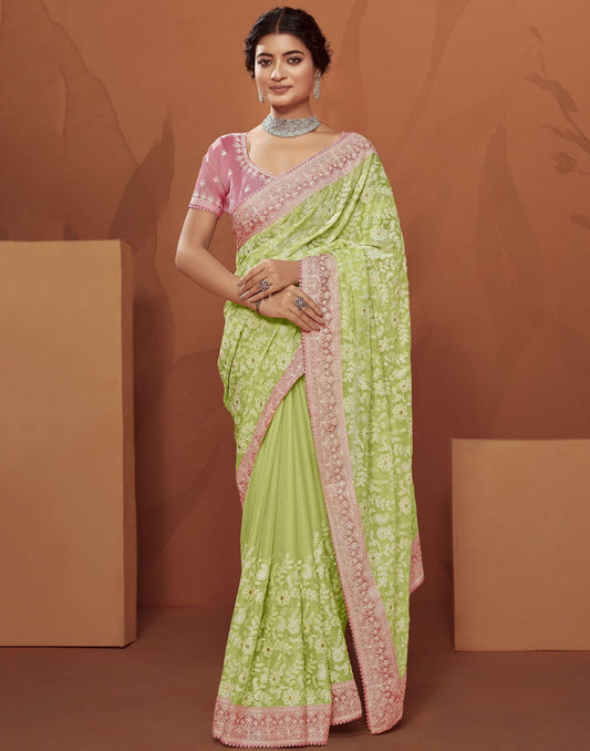 Light Green Plain Chiffon Saree