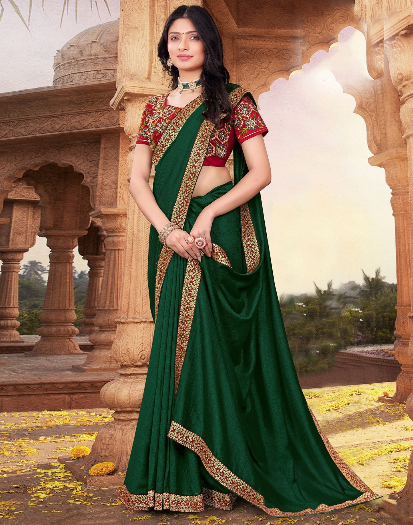 Dark Green Plain Silk Saree