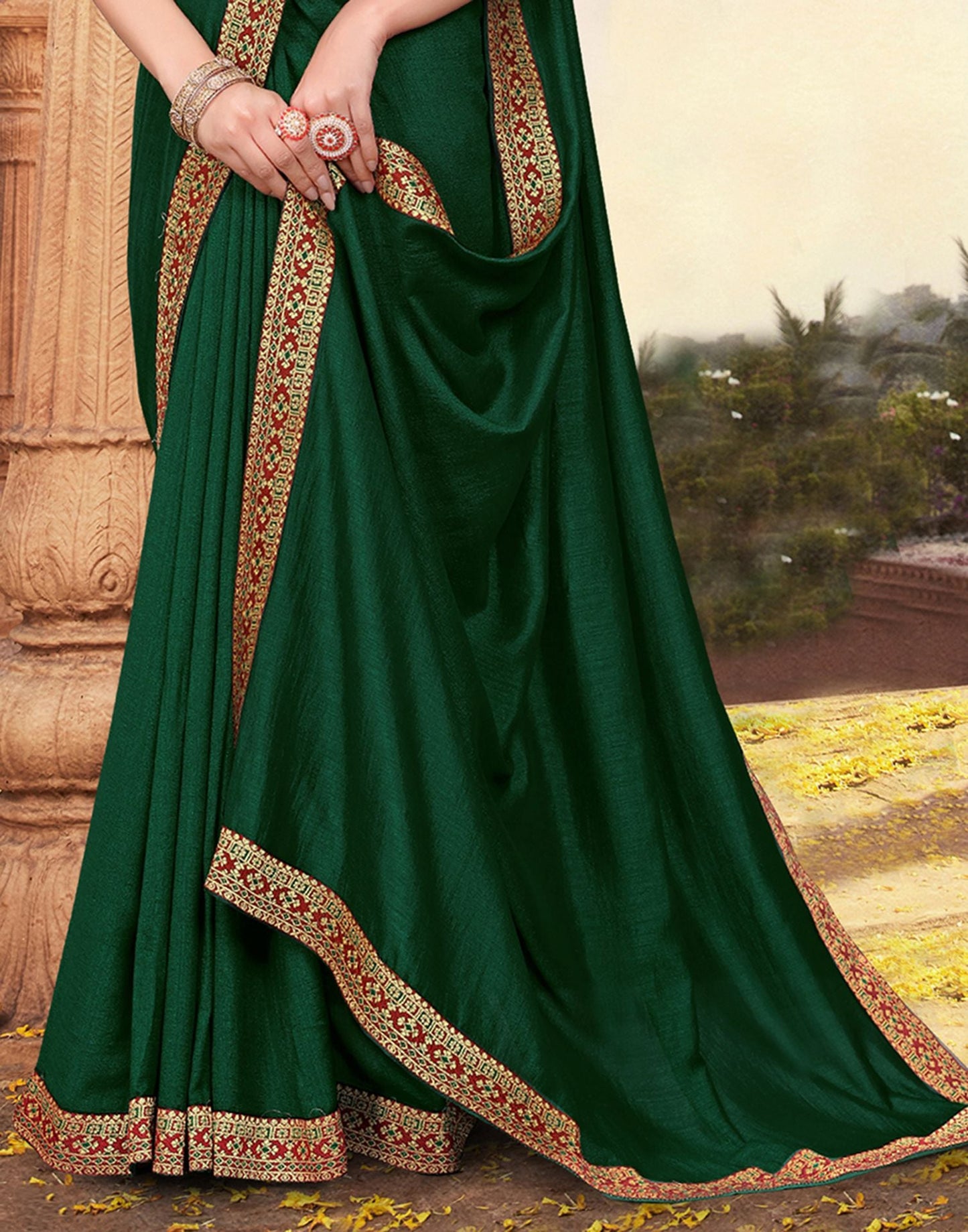 Dark Green Plain Silk Saree